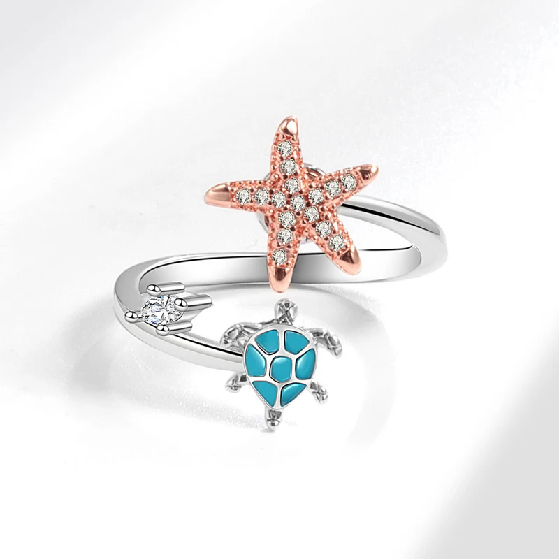 KOFSAC Cute Fashion Zircon Starfish Turtle Ring For Girl Creative Personality Rotating Rings 925 Silver Jewelry