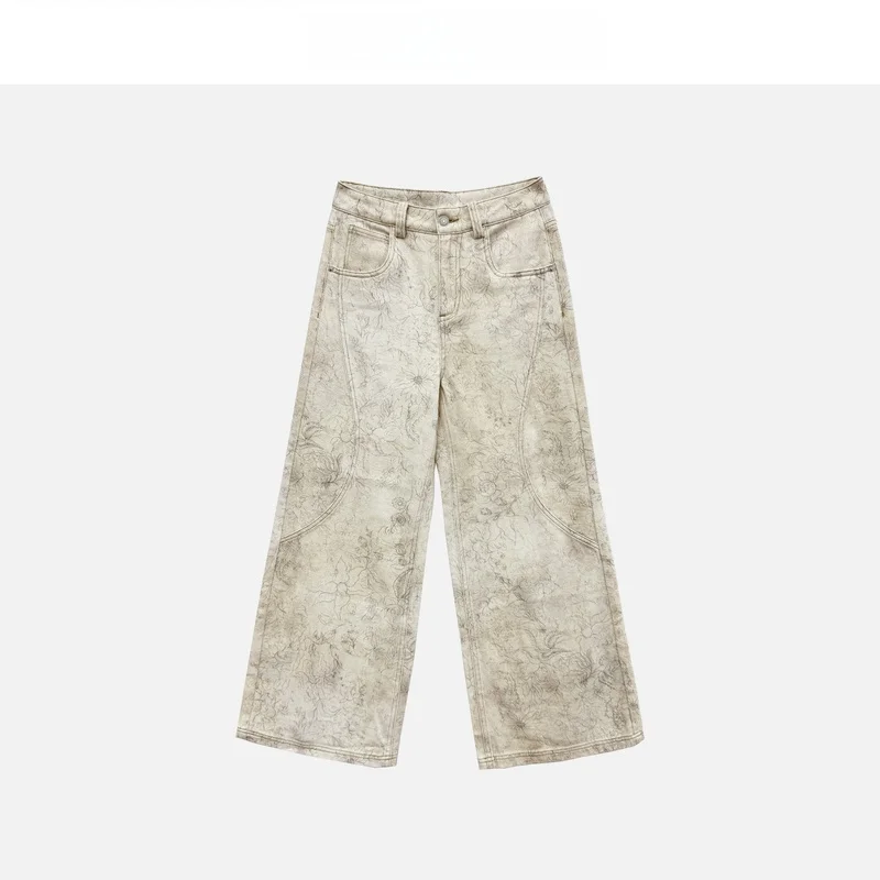 

Le Samedi Women's Wide Leg Jeans High Waist Straight Casual Pants Vintage Print Princess Style Cotton 100% Spring Summer