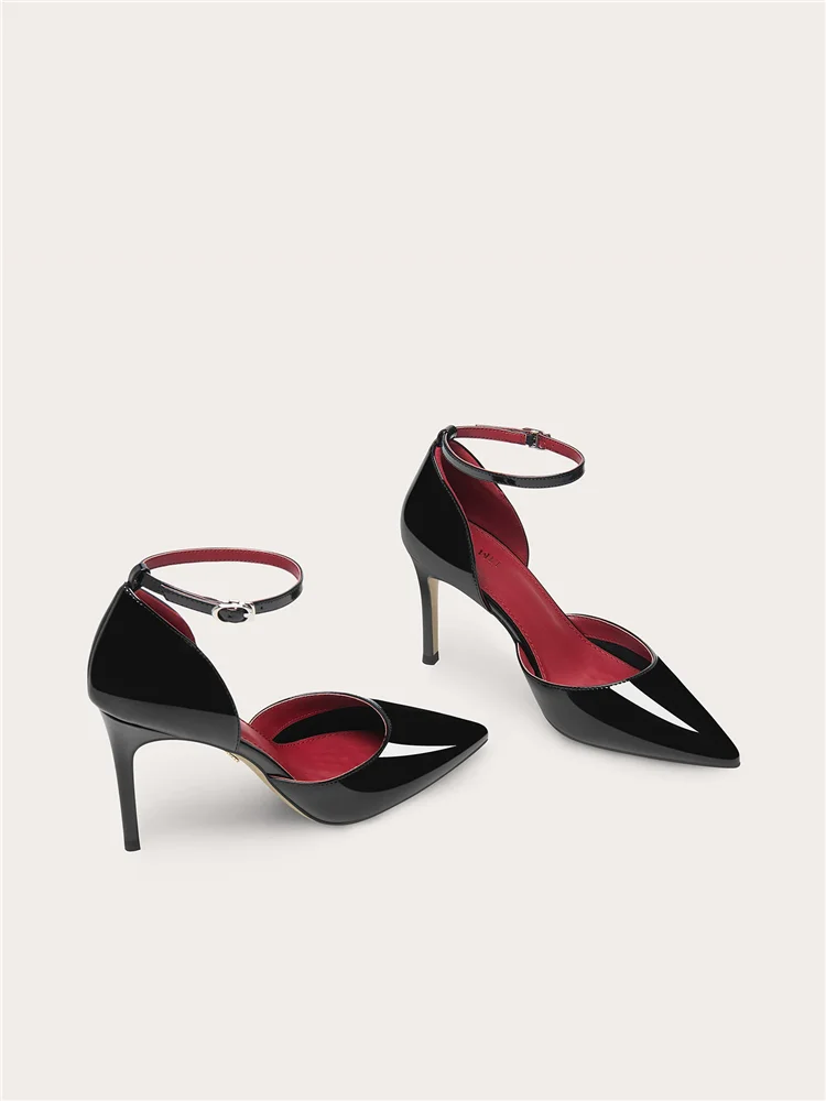Summer new pointed hollow black patent leather small size sandals banquet large size widened version slim high-heeled women shoe