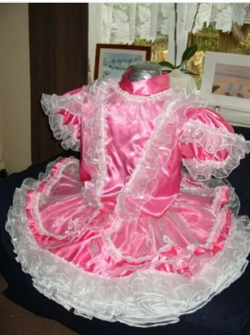 French Sissy Adult Baby Neutral CD / TV Warm Pink Satin White Lace Organza May Dress Custom Dress