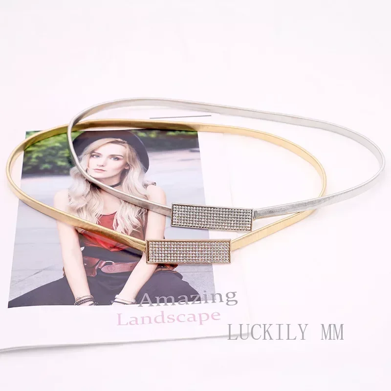 New Silver Gold Metal Belt Double Ring Imitate Rhinestone Lady Waist Belt Dress Suits Elastic Thin Slim Women Belts Waistband