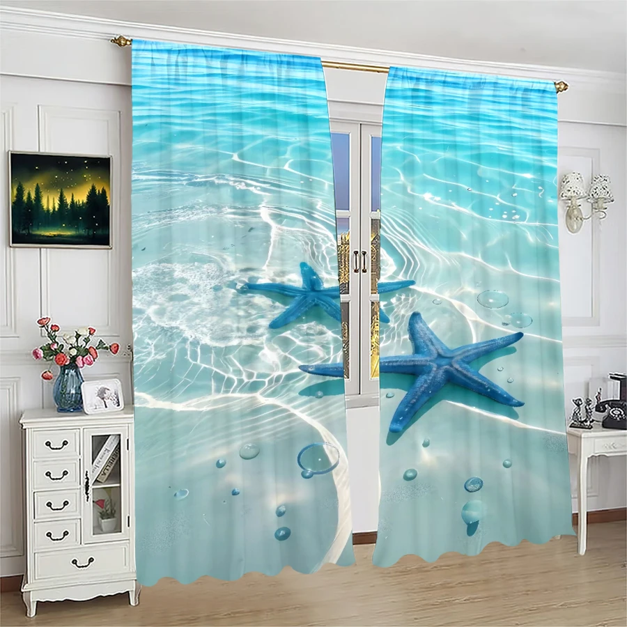 2pcs- Ocean starfish printed curtains, pole bag curtains, Christmas decorations, home decorations, room decorations