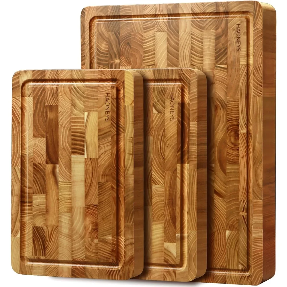 

Cutting Board Set of 3, Teak Wood End Grain Cutting Boards for Kitchen, Large Wood Chopping Board with Hidden Handles, Wooden Ch