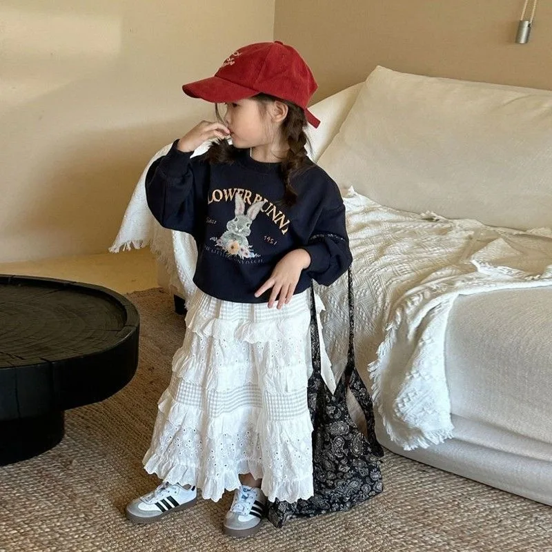 

Kids' Crewneck Hoodie Lace Skirt Set Cartoon Print A Line Two Piece Outfit for Toddler Girls Spring Autumn Fashion Hot Sale
