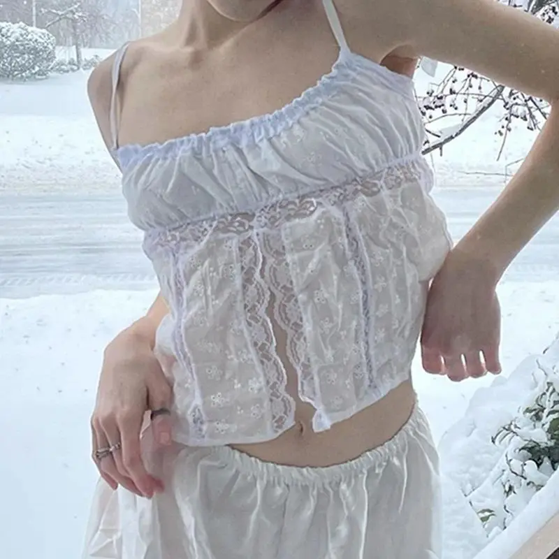 

Maemukilabe Fairy Coquette Milkmaid Top Y2K Aesthetic White Women's Vintage Summer Crop Top Lace Trimmed Svel Vest