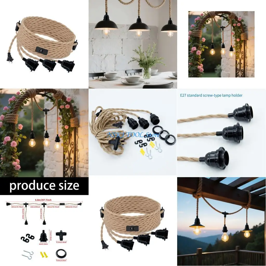 

L8RC Industrial Pendant Light Cord with Twisted Twine Rope Pendant Light Cord E27 Extension Hanging Lamp Cable