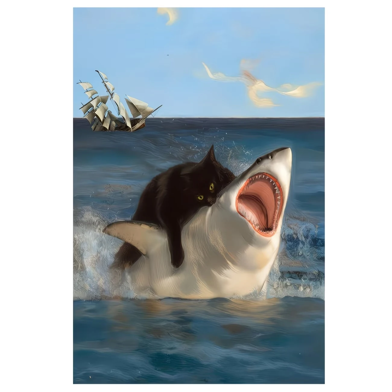 Modern Humorous Cat Shark In The Ocean Wall Art Print Canvas Painting Poster Picture For Living Room,Bedroom Home Decor image 4