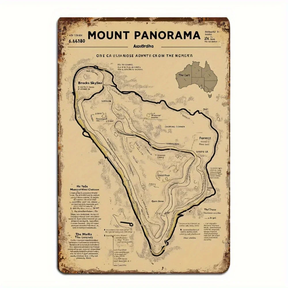 2D Flat, 30.48x20.32 cm Vintage Metal Tin Sign - Mount Panorama Bathurst Racing Circuit Map Wall Art, Retro Yellow & Black Ho