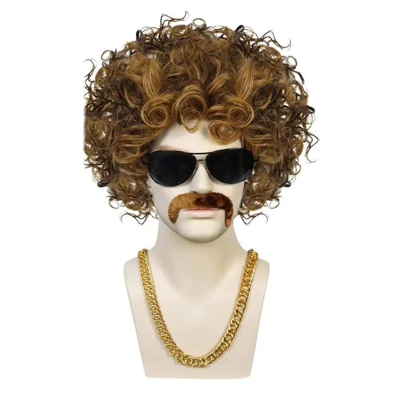 652F Accesorios para disfraz Hippie, disfraz los años 60, 70 y 80, collar cadena oro falso, barba falsa para fiesta