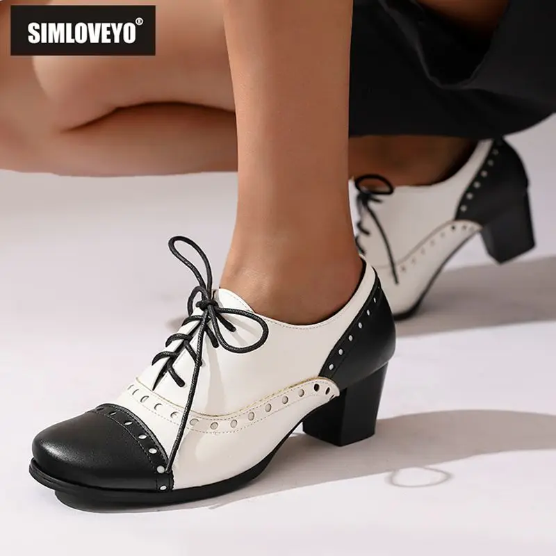 

SIMLOVEYO Brand Black Female Pumps Round Toe 5cm Block Heel Lace Up Oversize 42 43 44 Mixed Color Casual Office Lady Autumn