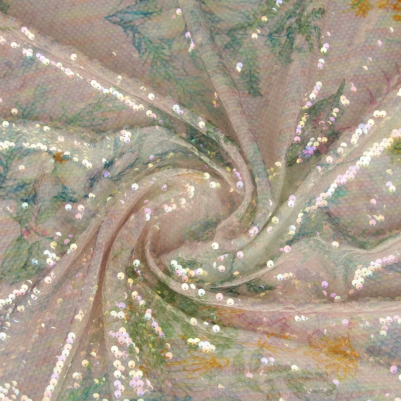 

High density evening gown fabric, printed sequin embroidery fabric, European style fashion long skirt fabric