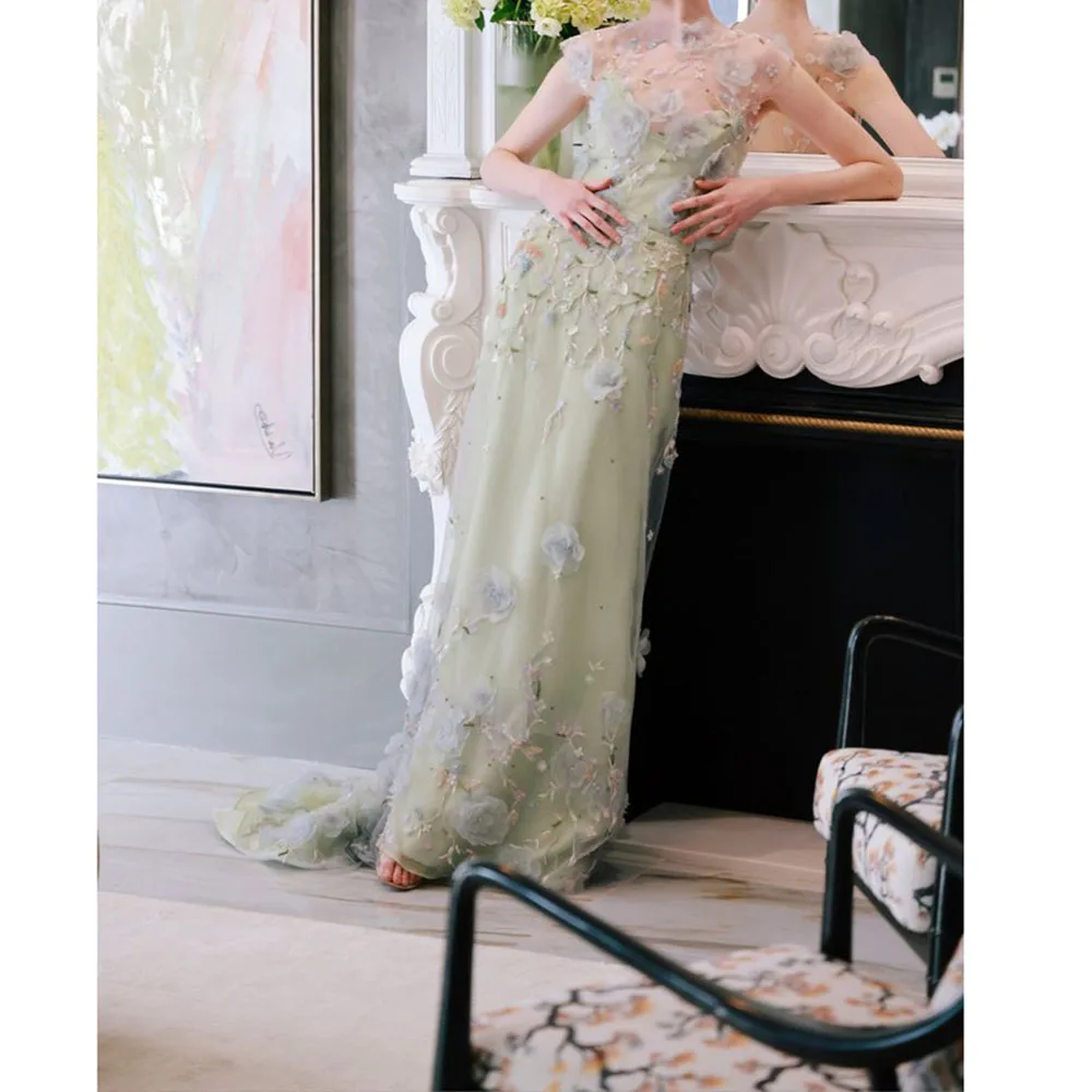 Pretty Light Green Women Prom Dresses Short Sleeves O-neck Floor Length Flowers Fresh Formal Evening Party Banquet Gowns