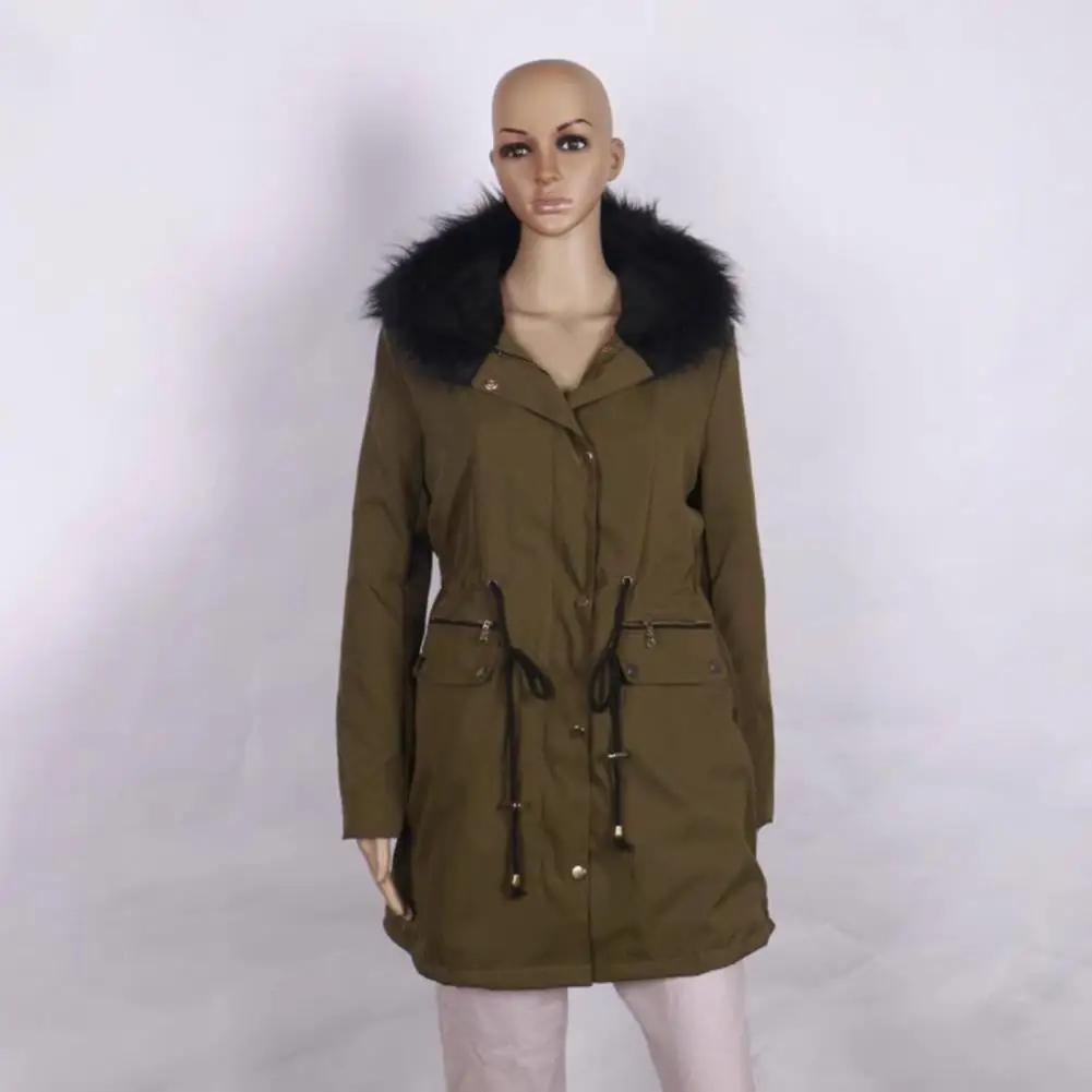 

New Slim Thin Women's Clothing Solid Color Fur Collar Hooded Zipper Jacket Coat Parka Autumn Winter Thicken Overcoat With Pocket