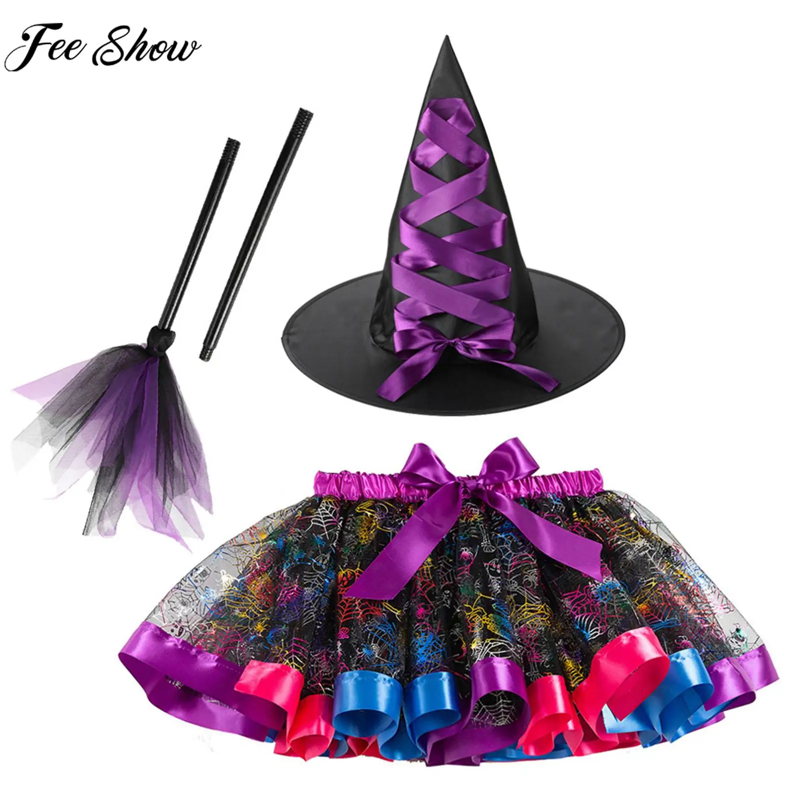 

Girls Halloween Witch Cosplay Costume Theme Party Carnival Sorceress Roleplay Clothes Props Print Mesh Tutu Skirt with Hat Broom