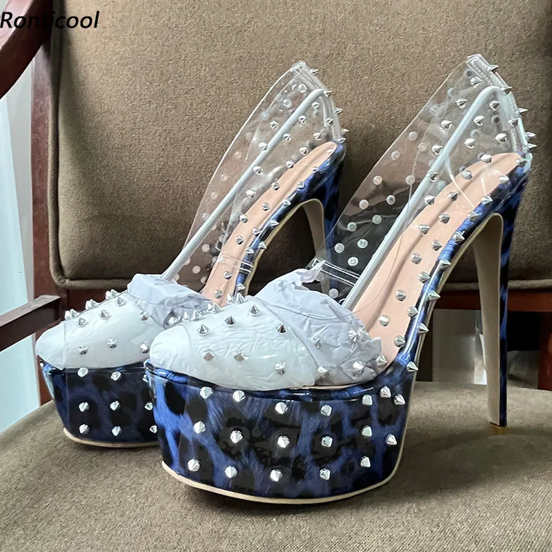 

Ronticool Handmade Women Platform Pumps Studded Thin High Heels Peep Toe Beautiful Leopard Party Shoes Ladies US Plus Size 5-20