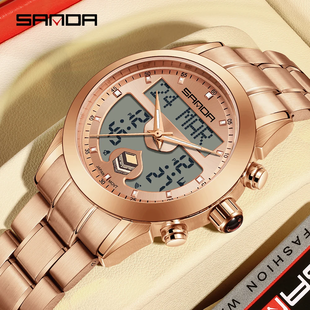 SANDA 6204 Men Quartz Watch Fashion Elegant Arabic Tidal Direction Indication Trendy Chronograph Stainless Steel Strap Watches