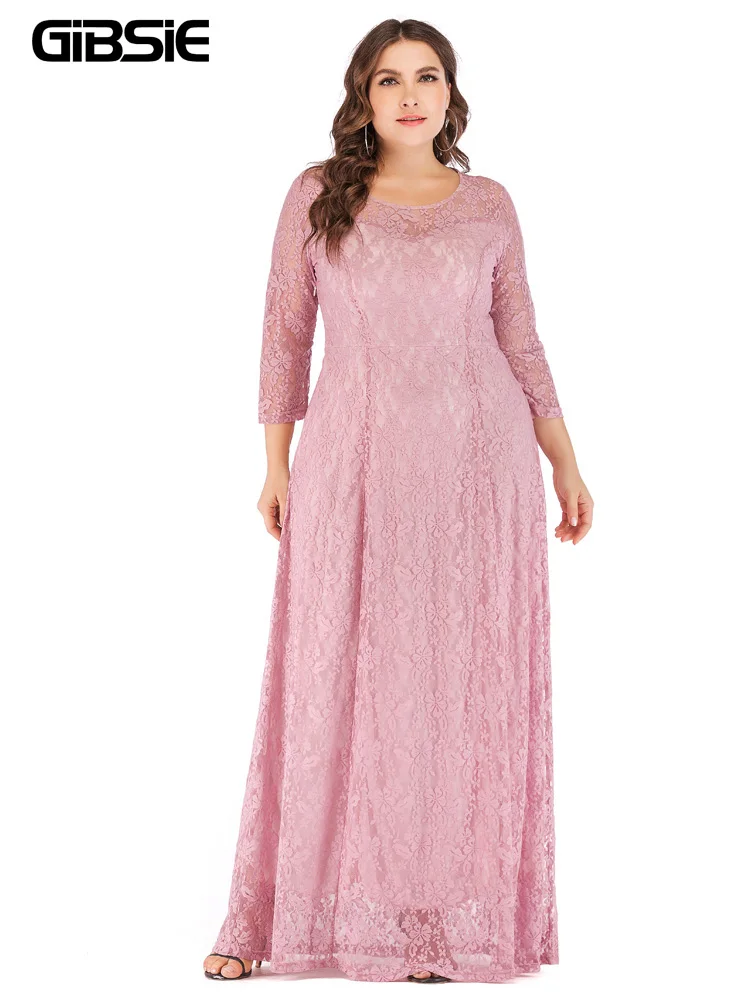 GIBSIE 6XL 5XL 4XL Plus Size elegante abito in pizzo donna o-collo 3/4 manica lunga Maxi abiti da donna Prom Evening Party Dress