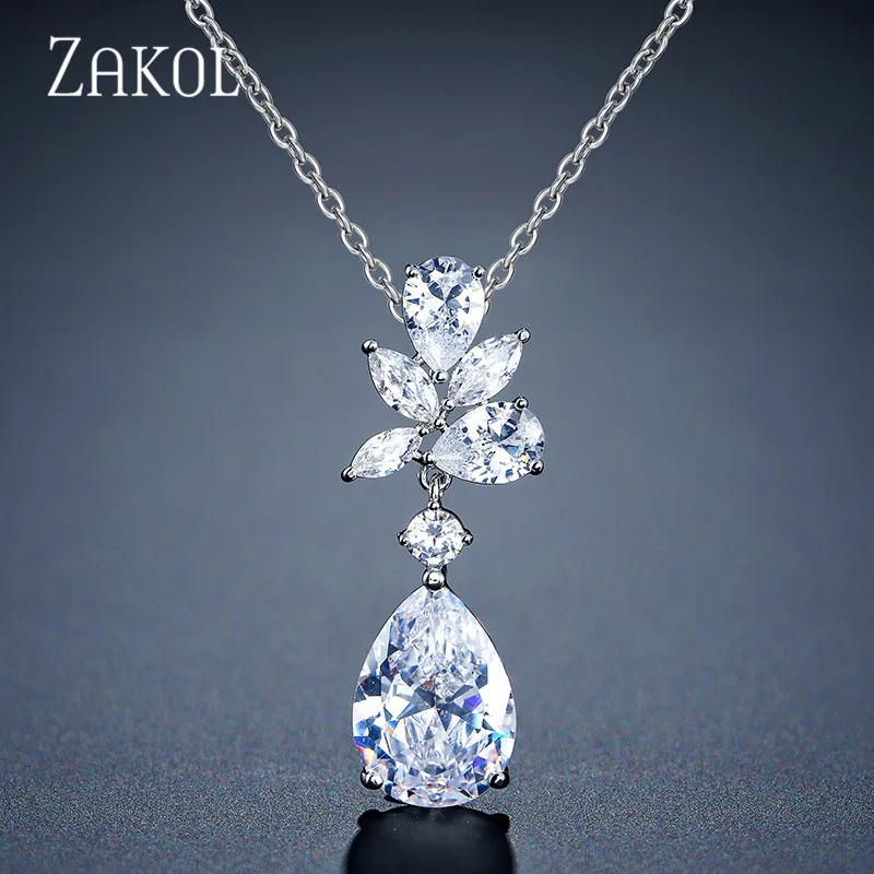 ZAKOL Fashion Water Drop Cubic Zirconia Pendant Necklace for Women Sliver Color Leaf Bridal Wedding Party Jewelry NP2143