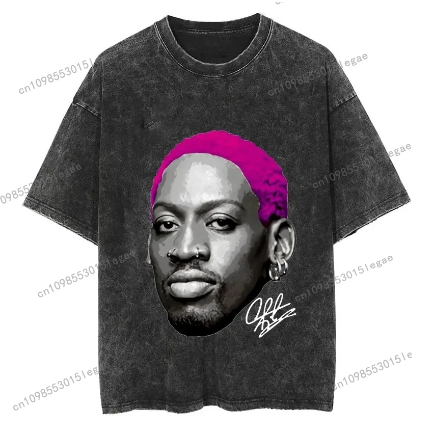 

Portrait Printed Basketball T-Shirt Men's Retro Washed Short Sleeve T-Shirt Men's Hip Hop T-Shirt Streetwear Dennis Rodman
