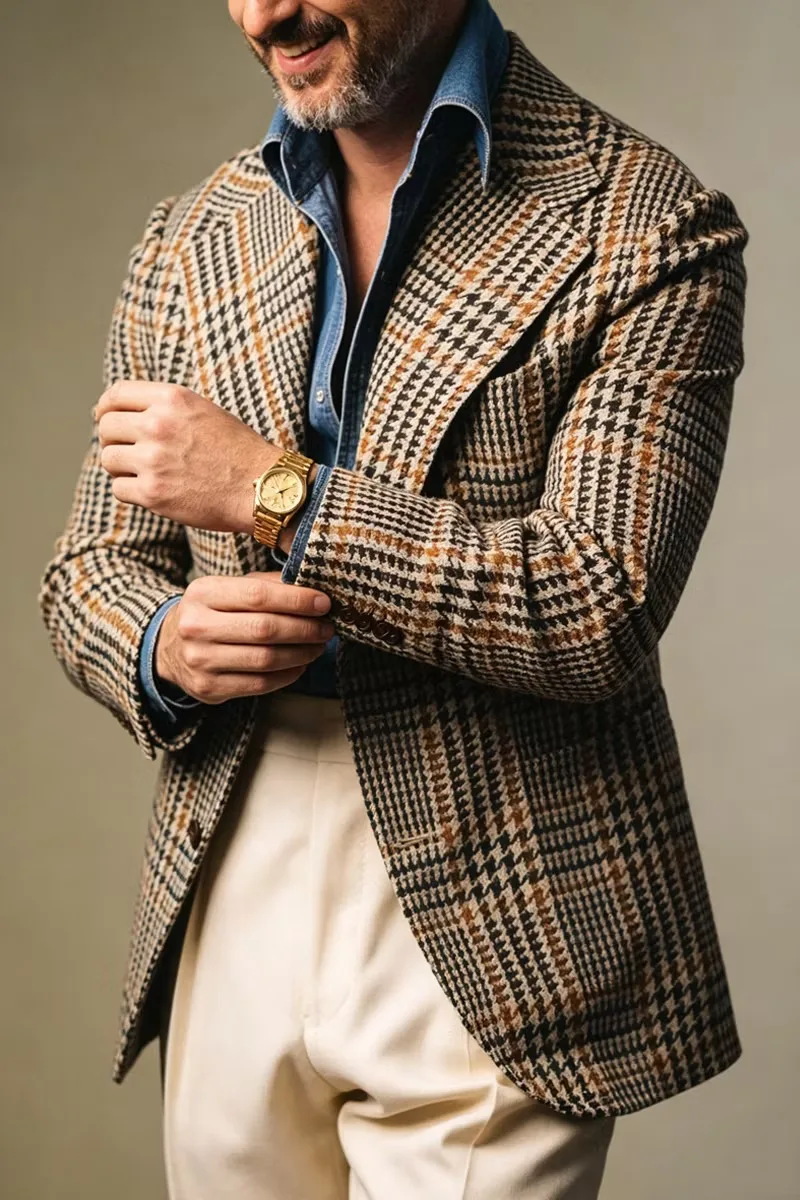 Houndstooth Plaid Men Formal Jacket Fashion One Button Peak Lapel Slim Fit Party Coat 1 Piece Customized Casual Business Blazer