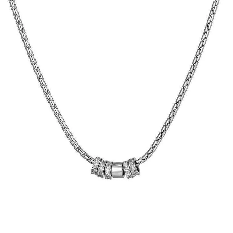 Unisex Stainless Steel Choker Necklace Shiny Rhinestone Beads Charm Loop Pendants Necklace Layered 3A Zircon Beads Collar Chains