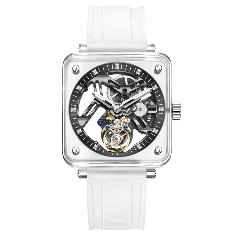 Reloj Mecánico de Tourbillon para hombre, pulsera con carcasa transparente, espejo de zafiro, resistente al agua, de goma