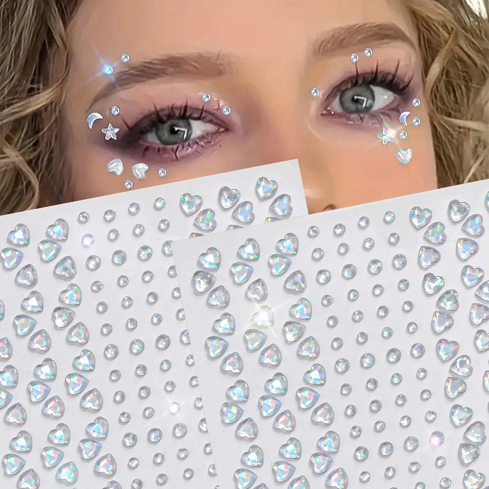 3D Colorful/Clear Heart Rhinestone Face Diamond DIY Women Eye Body Face Gems Self Adhesive Eyeshadow Stickers Makeup Decoration