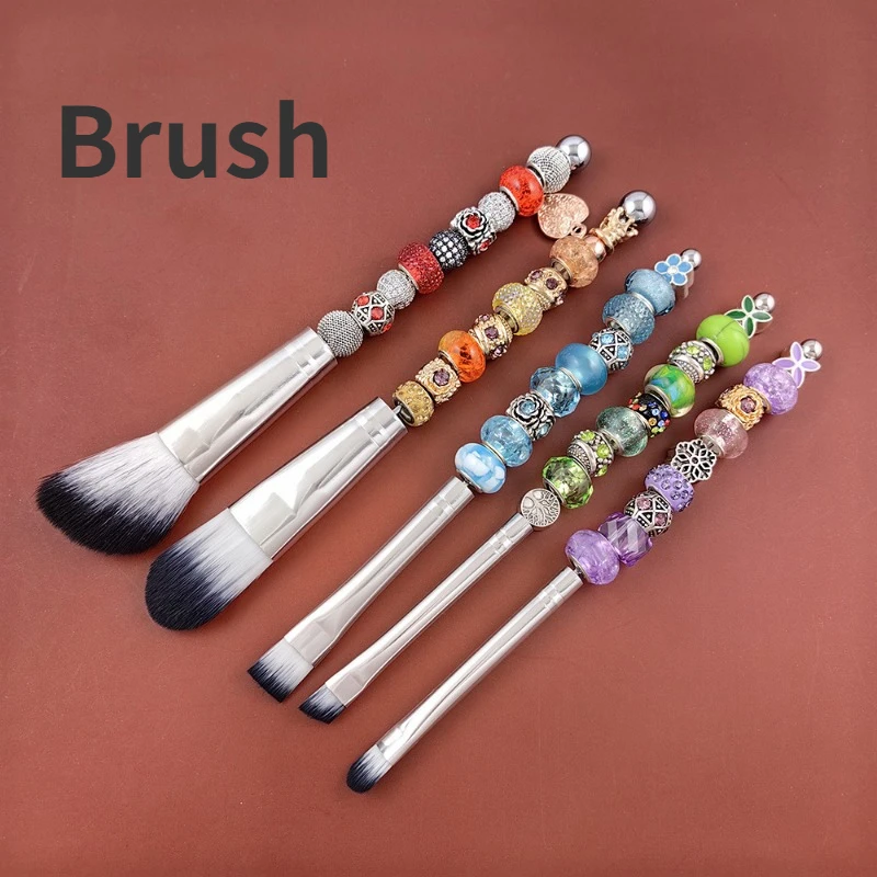 5 Pieces of Diy Beaded Makeup Brush Set Powder Brush Powder Blusher Brush Oblique Head Eye Shadow Brush Beauty Makeup