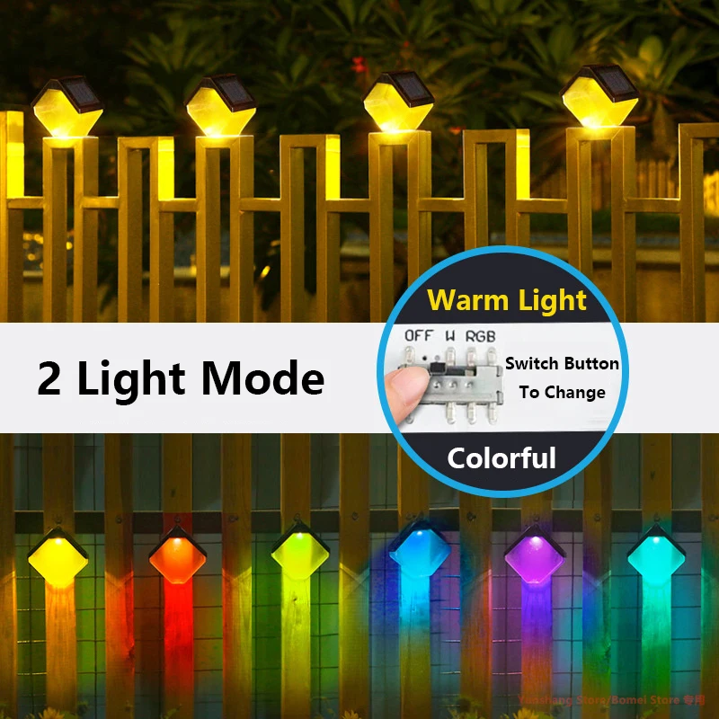 2PCS  Warm White&Colors LED Solar Wall Lamp Outdoor Waterproof Balcony Fence Lights  Garden Decoration Path Stair Sunlight Light