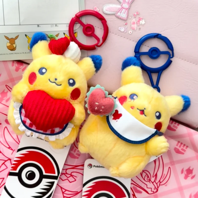 Official Pokemon Cafe Series Pikachu Plush Keychain Set Heart & Burger Anime Cute Model Plush Doll Collection Pendant Toys Gifts