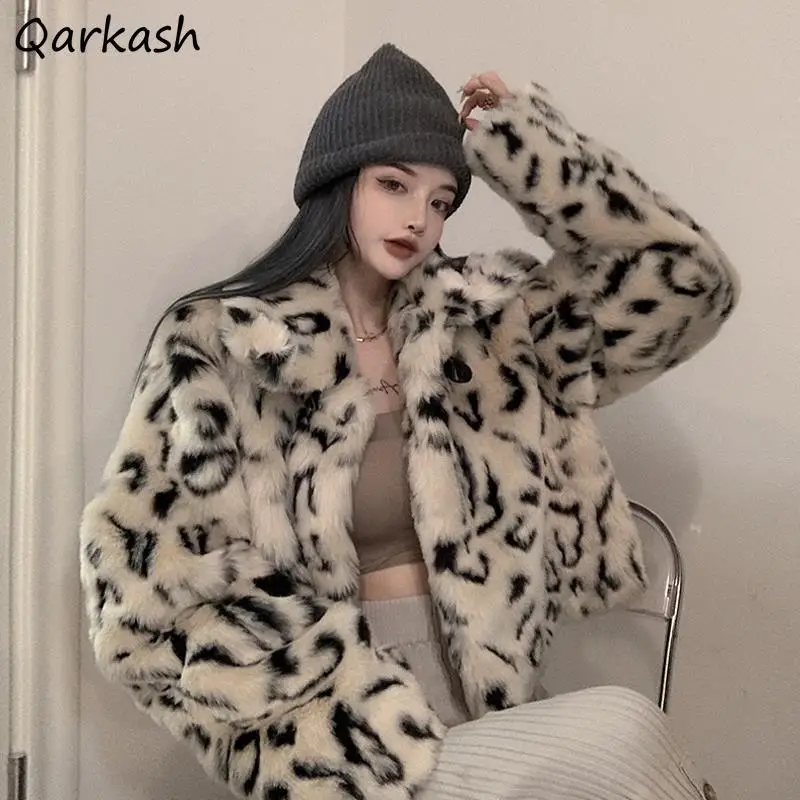 Leopard Jackets Women Coats Fluffy Velvet Vintage Thick Autumn Winter Chic Long Sleeve Ulzzang Harajuku Loose Streetwear Female