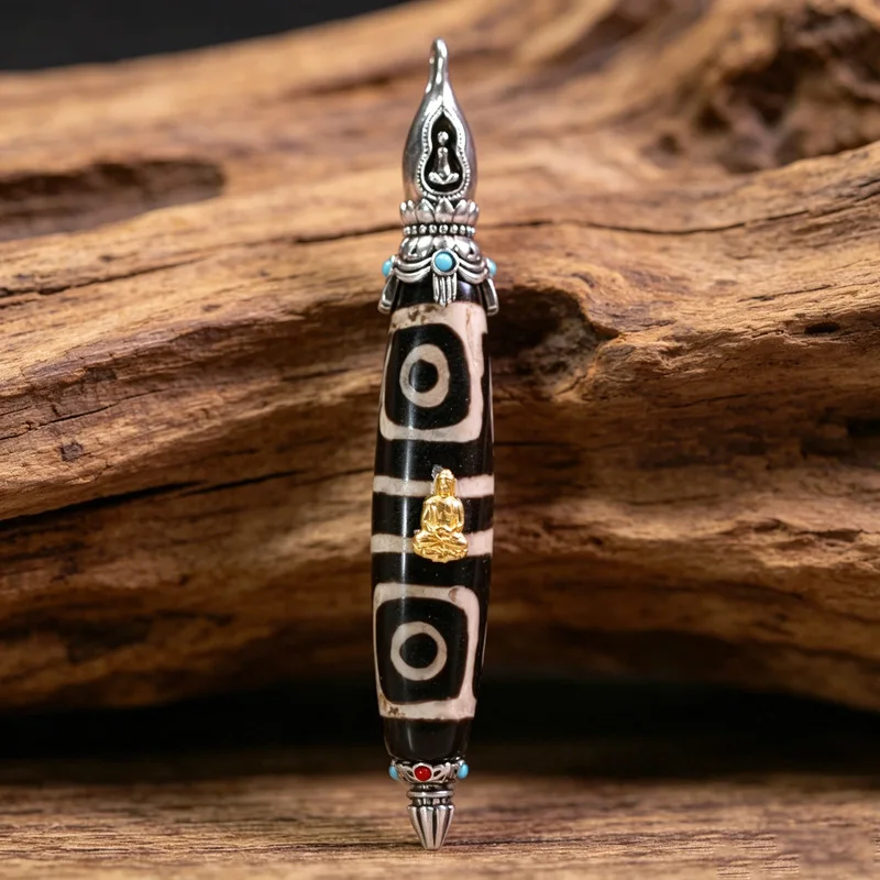 Tibetan natural authentic old mine raw stone necklace inlaid with Shakyamuni and two or three-eyed dzi beads