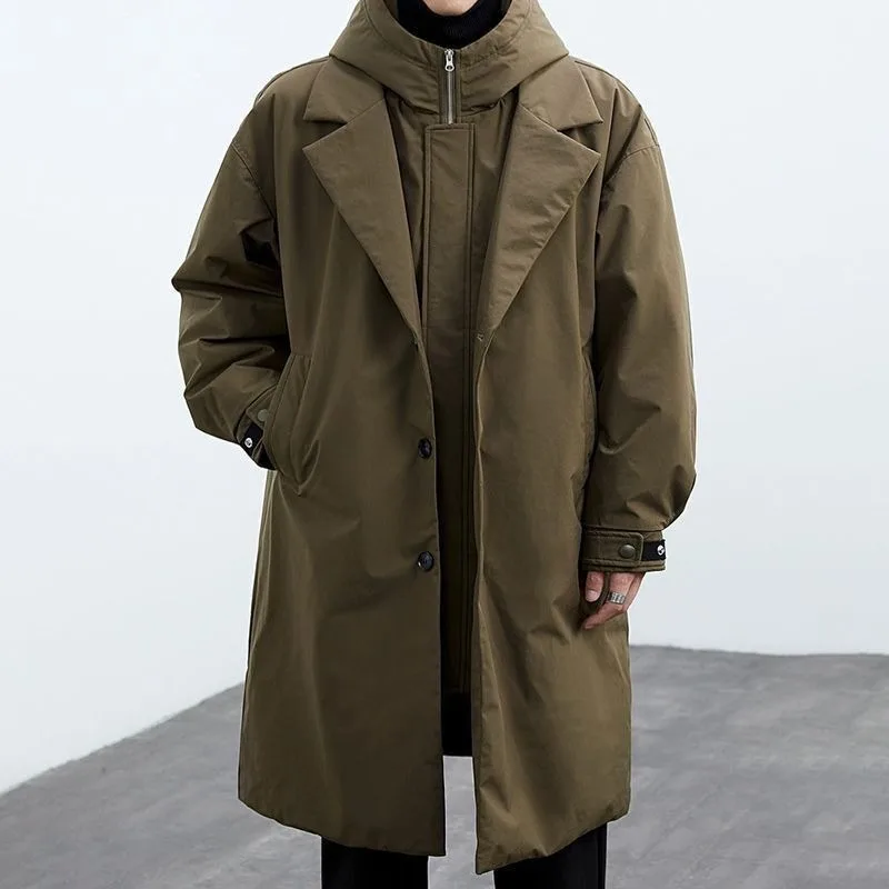

A mid-length trench coat men hooded sweatshirt that reaches the knees thick loose trendy student overcoat available overcoming