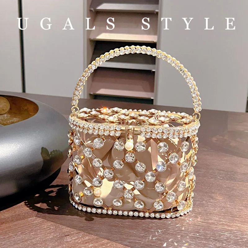 Hollow Out Gold Metal Cage Women\'s Handbag Crystal Shiny Rhinestone Diamond Evening Bag Wedding Party Clutch Purse Crossbody Bag