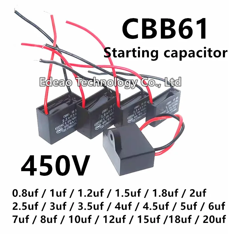 Пусковой конденсатор CBB61, 2 ~ 5 шт./партия, 0,8 мкФ 1 мкф 1,2 мкФ 1,5 мкФ 1,8 мкФ 2 мкФ 2,5 мкФ 3 мкФ 3,5 мкФ 4 мкФ 4,5 мкФ 5 мкФ 6 мкФ 7 мкФ 8 мкФ 10 12 15 18 20 UF