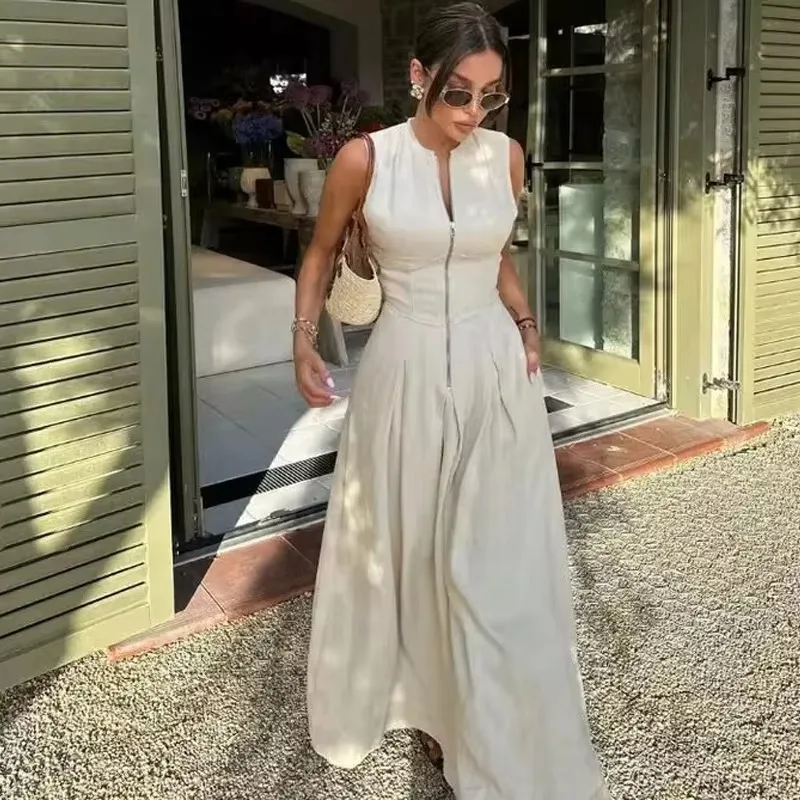 HXAO 2024 Woman Sleeveless Dresses Green White Women\'s Dress High waist Midi Dresses Evening Long Dresses