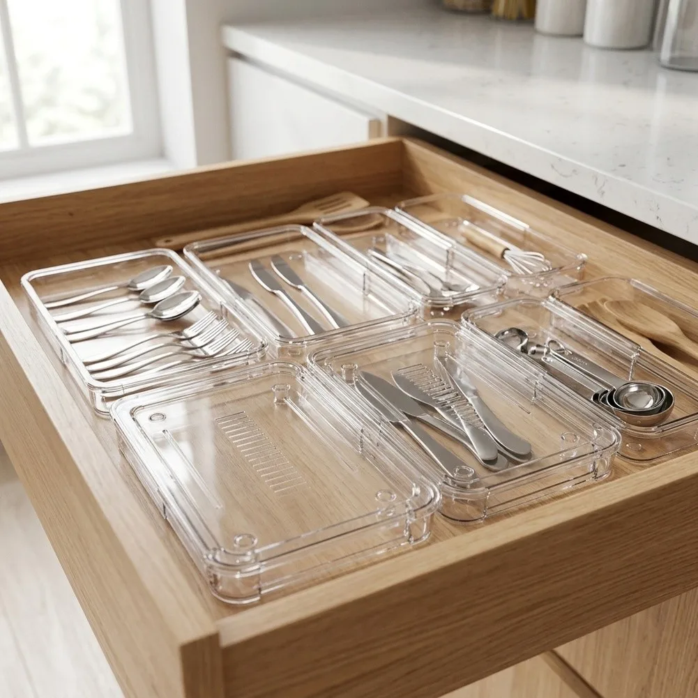 Clear PET Expandable Drawer Organizer Set with 8 Adjustable Trays for Kitchen Bathroom Desk and Vanity Drawer Organization