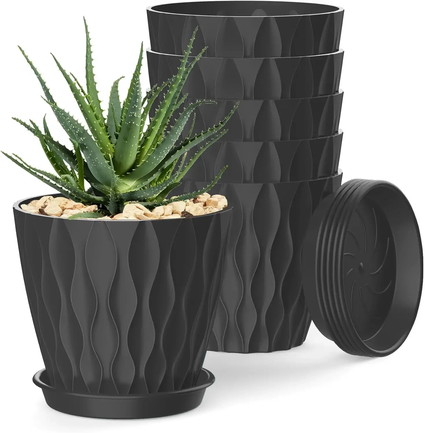 

4 Inch Indoor Plant Pots with Drainage Holes and Trays, 6 Pack for Succulents, Herbs, and Small Plants in Black