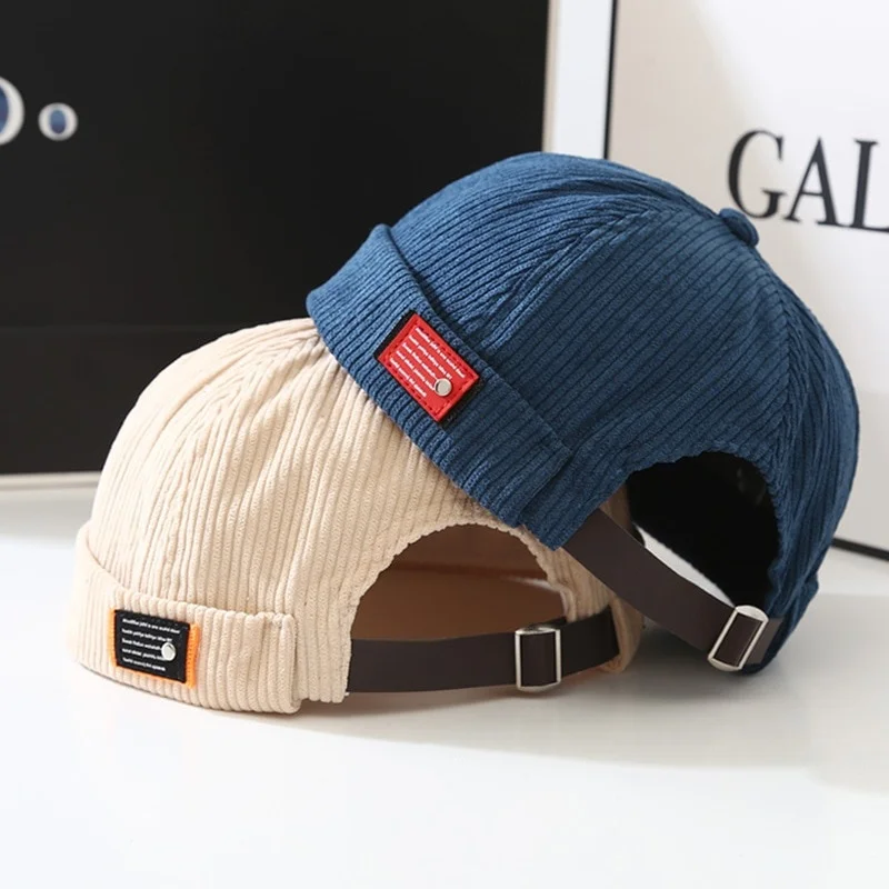 Hot Retro Beanie Hat Unisex Solid Landlord Cap Streetwear Hip Hop Brimless Hats Vintage Corduroy Docker Caps For Men Adjustable