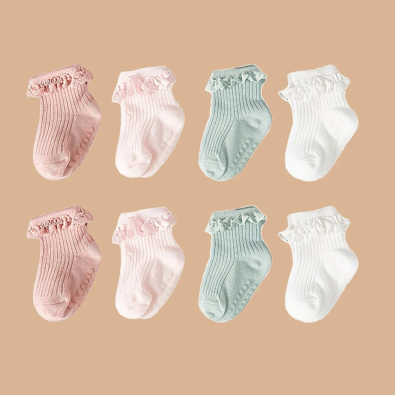 2pairs/lot Children\'s non slip socks for infants and young children 0-6 months girls\' solid colored lace socks baby floor socks