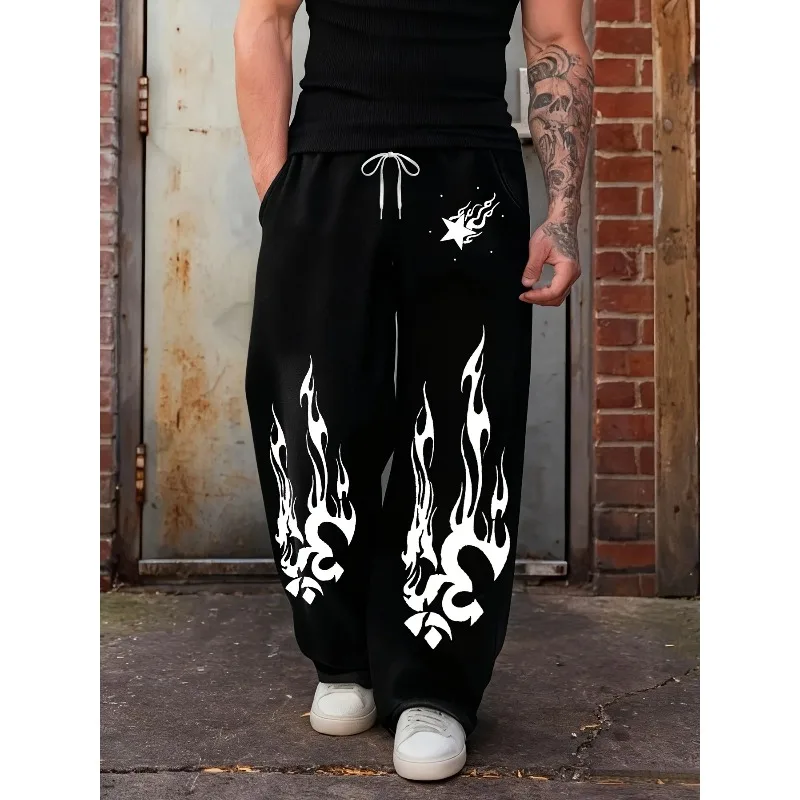 2026 Men's Black Wide Leg Joggers Dynamic White Flame and Star Print High Contrast Street Pants Oversized Chirdren Sweatpants