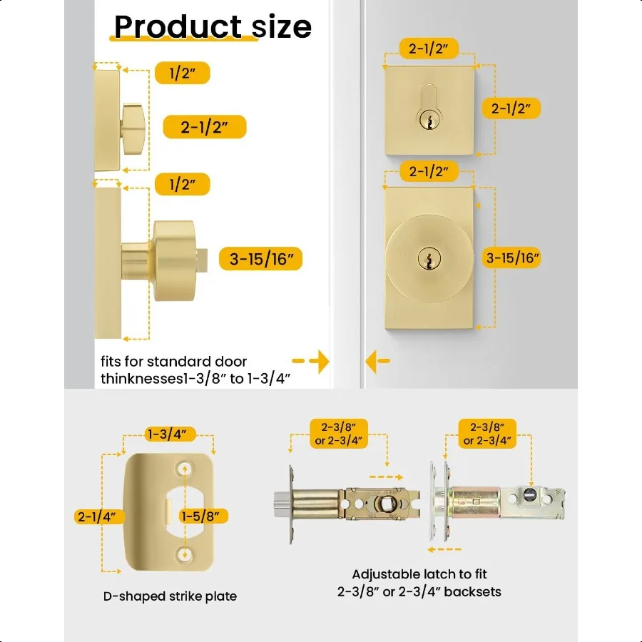 مقبض الباب الخارجي الذهبي مع مجموعة قفل الباب الخارجي الذهبي المصقول المعاصر مع ديدبولت النحاس الثقيل Fr