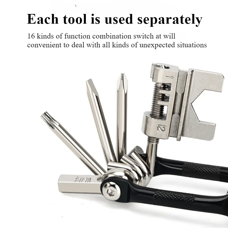

Sixteen-in-one Black Bicycle Multi-tool Aluminum Alloy Self-assembly Repair Tool Mountain Bicycles with Chain Cutter Repair Set