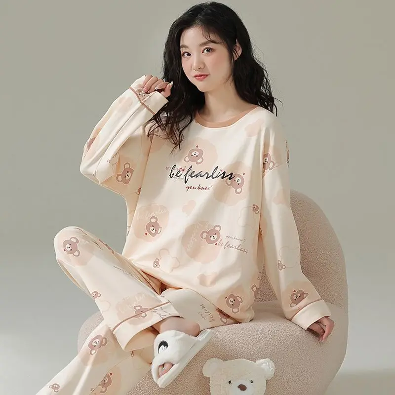 Autumn Ladies Japanese Style Cotton Long-Sleeved Pyjamas Two-Piece Set of Cute Bear Printing Can Be Outside the Homewear Trouser