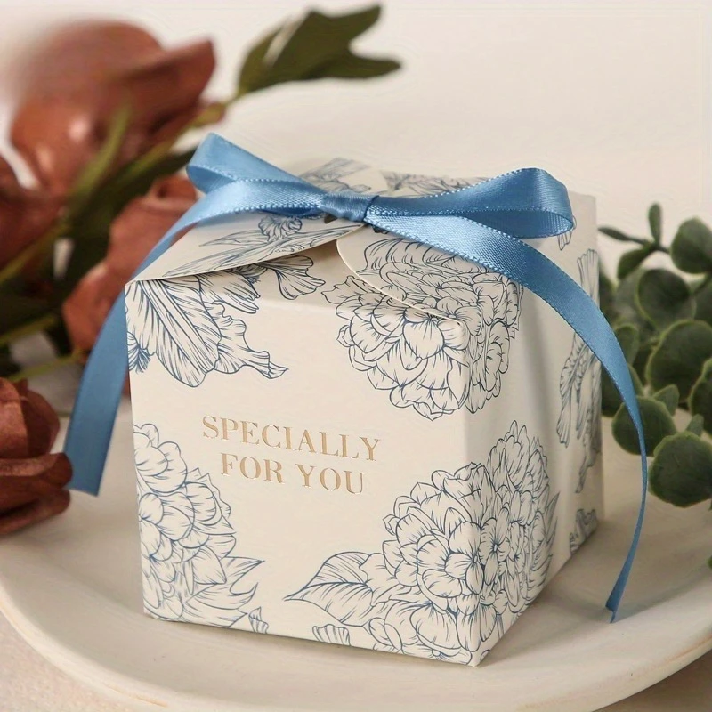 30/40/50pcs Floral Candy Gift Boxes with Ribbon Elegant Pastel Pink White Flowers Paper Gift Boxes for Wedding Birthdays Parties image 3