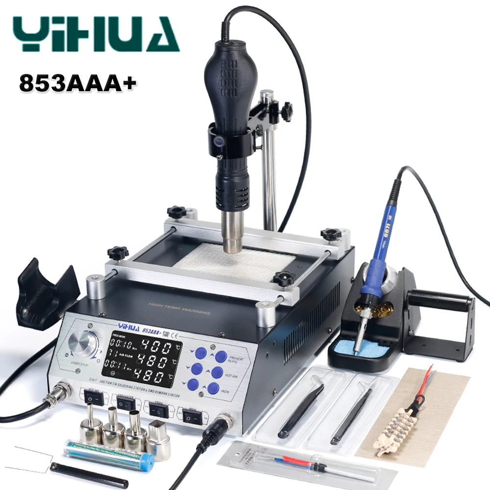 YIHUA 853AAA+ Soldering Station 1200W Programmable BGA Desolder Station 3-in-1 Hot Air Gun Soldering Station 907I Soldering Iron