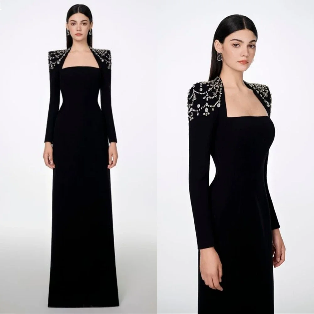 Black Square Collar Long Sleeves Prom Dresses Modern Style Crystals Floor Length Straight Gowns Formal Evening Party Dresses