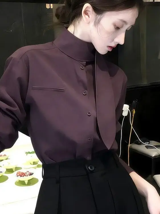 

Elegant Sash Stand Collar Long Sleeve Women's Shirt Loose Slimming Spring Autumn Inner Wear Outerwear Casual French Style