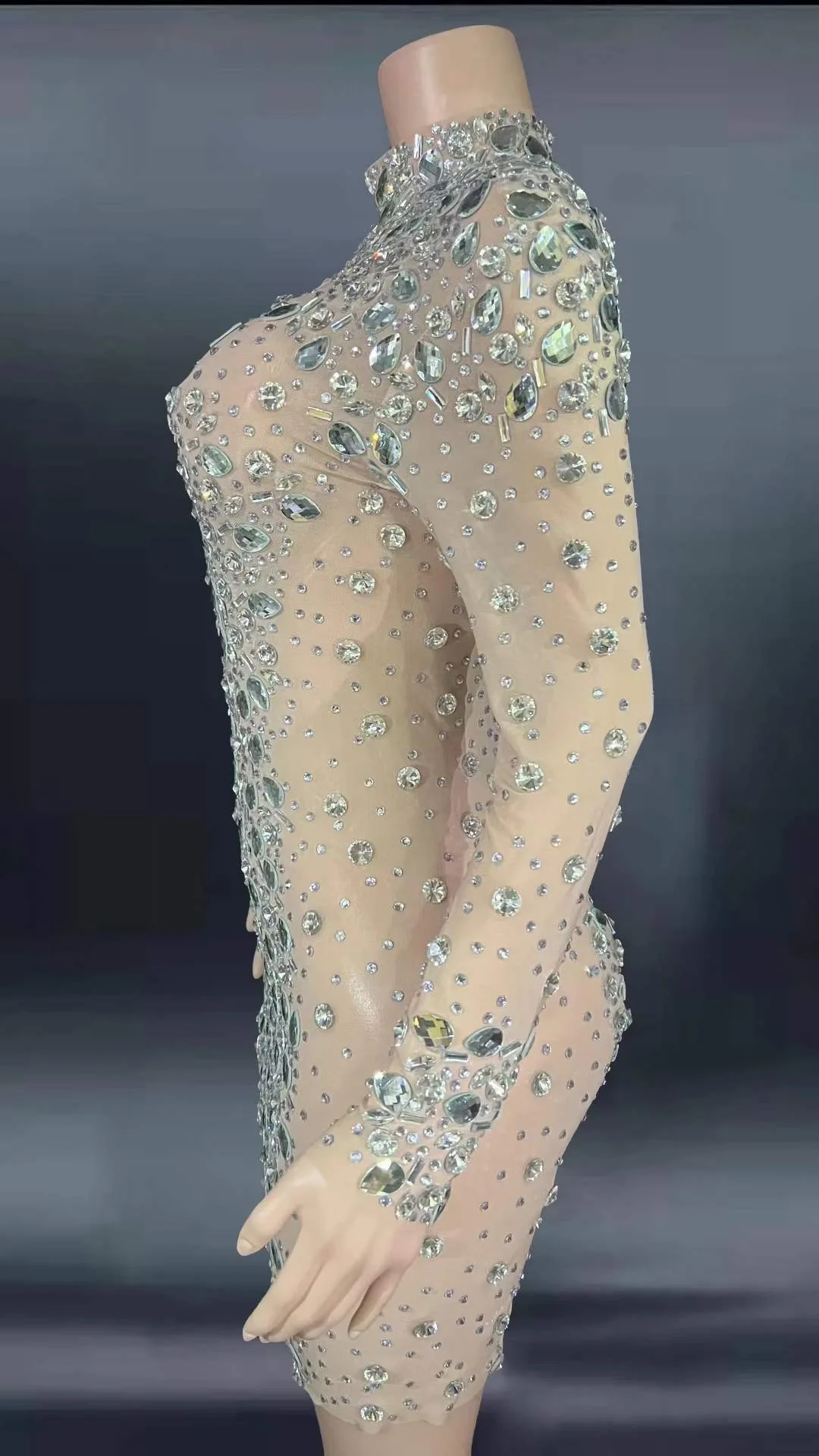 Nudo brillante strass cristallo Sexy maniche lunghe tubino per le donne Party Club abbigliamento cantante eseguire costumi sul palco