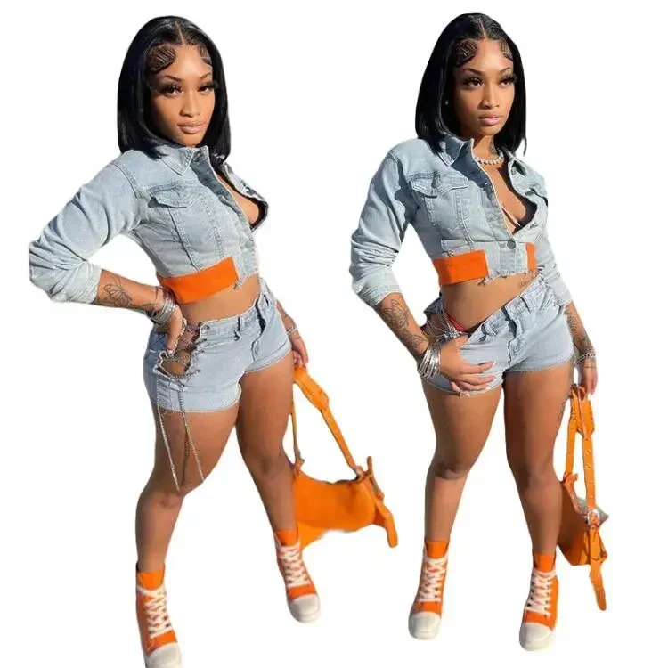 Women's Fashion Personality Denim Suit Color-matching Lapel Single Breasted Short Jacket + Waist Tie Band  Hollow-out Shorts